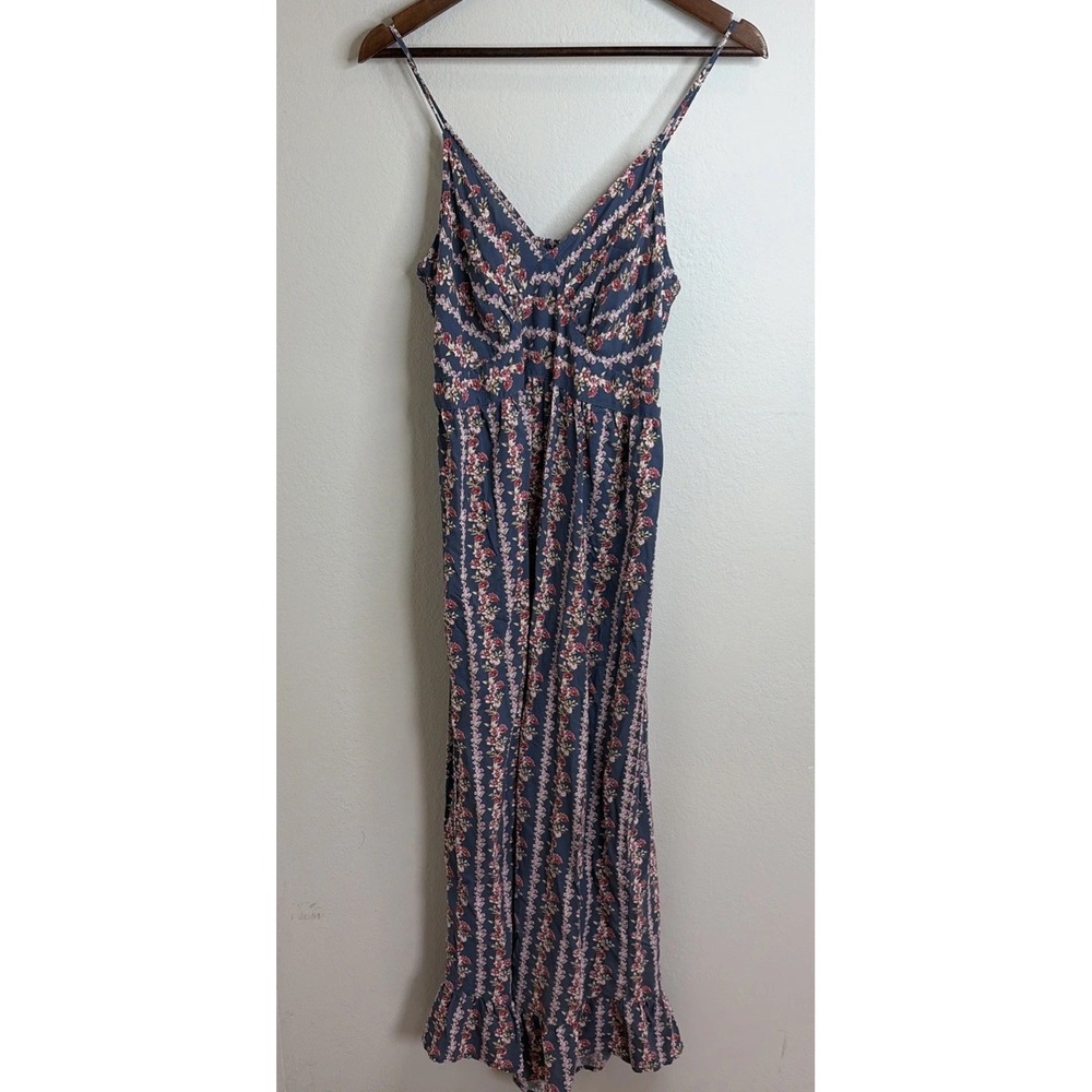 Jessica Simpson Blue Floral Jump Suit Size L Cottagecore Wide Leg Boho - Picture 2 of 9